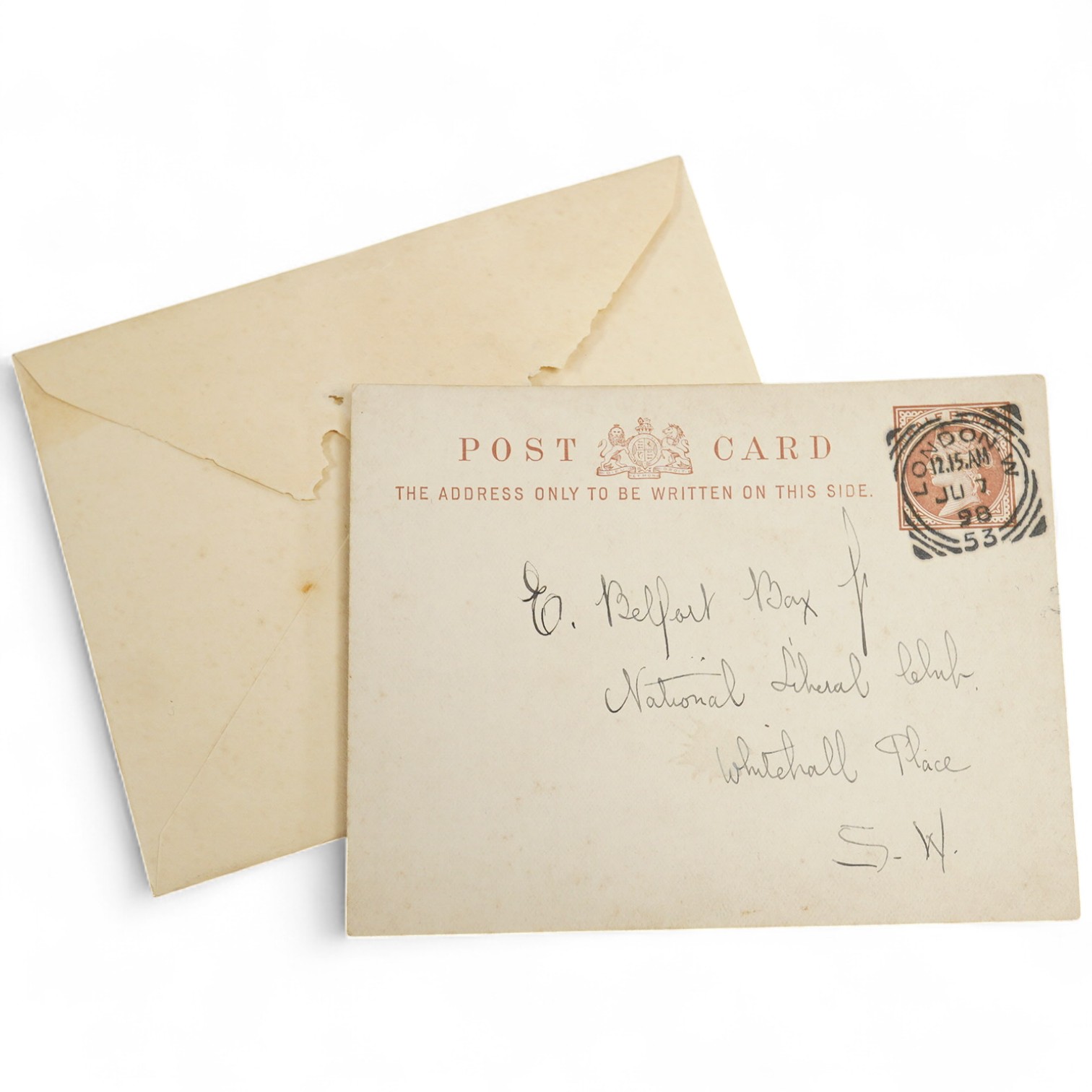 A pre-paid Victorian postcard written by George Bernard Shaw and dated 6th June 1898, with the address also in his hand, and initialled at the bottom of the letter, the letter reads
